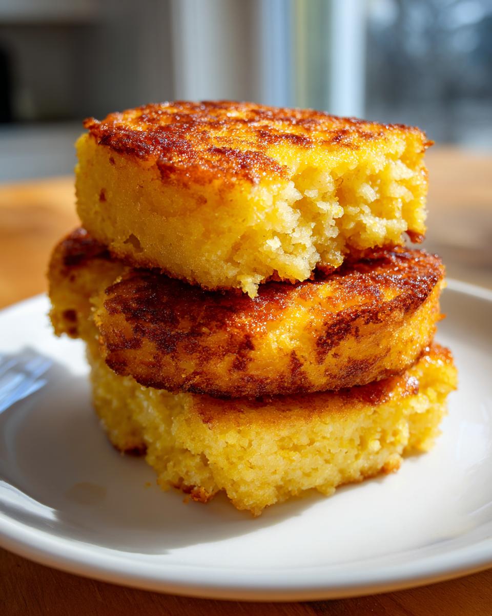 Three golden-brown rounds of fluffy hot water cornbread stacked on a white plate.