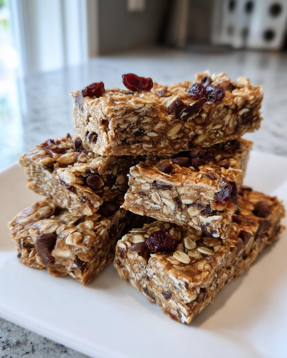 A stack of five chewy no bake granola bars made with oats, chocolate chips, and dried cranberries, resting on a white plate.
