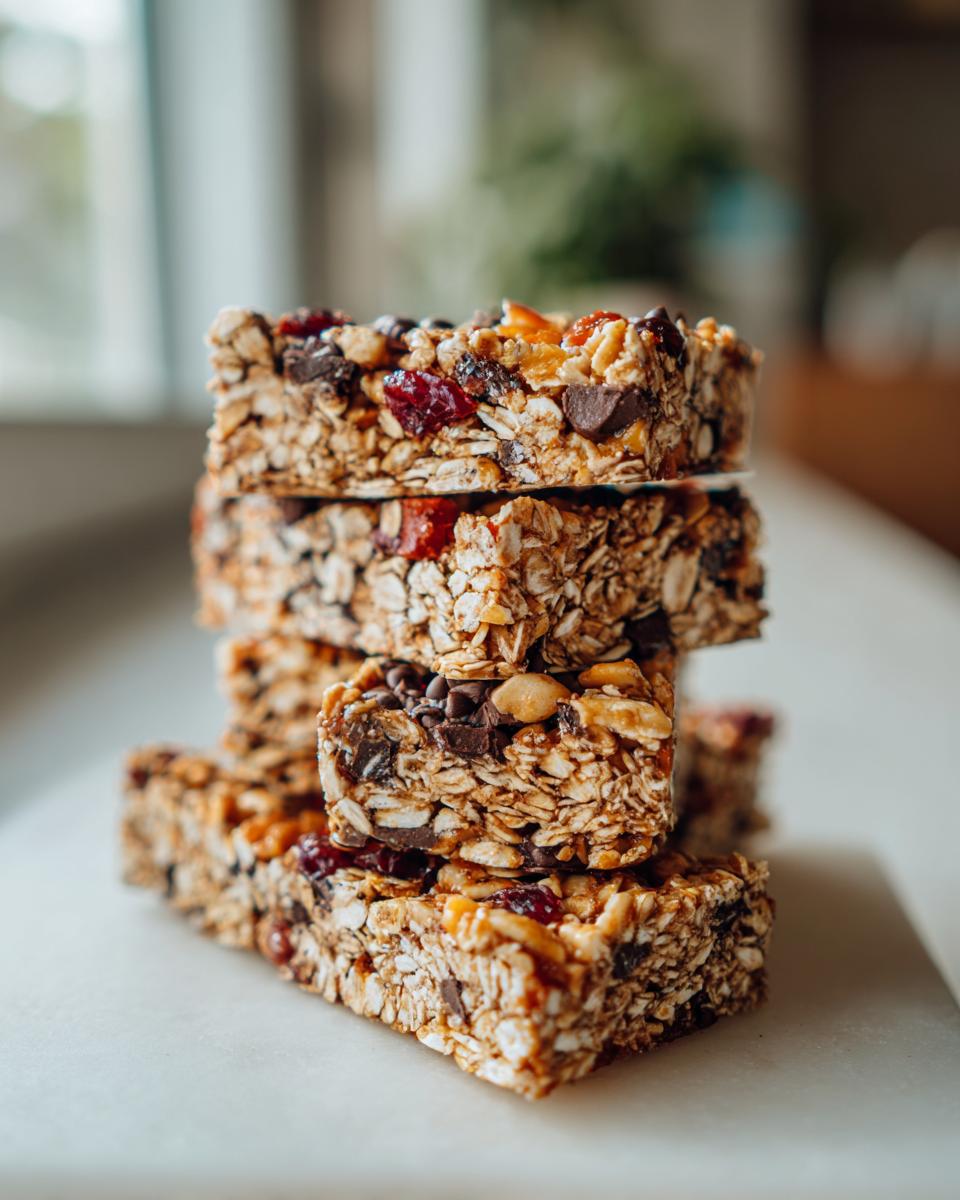 A stack of four chewy no bake granola bars packed with oats, chocolate chips, nuts, and dried fruit.