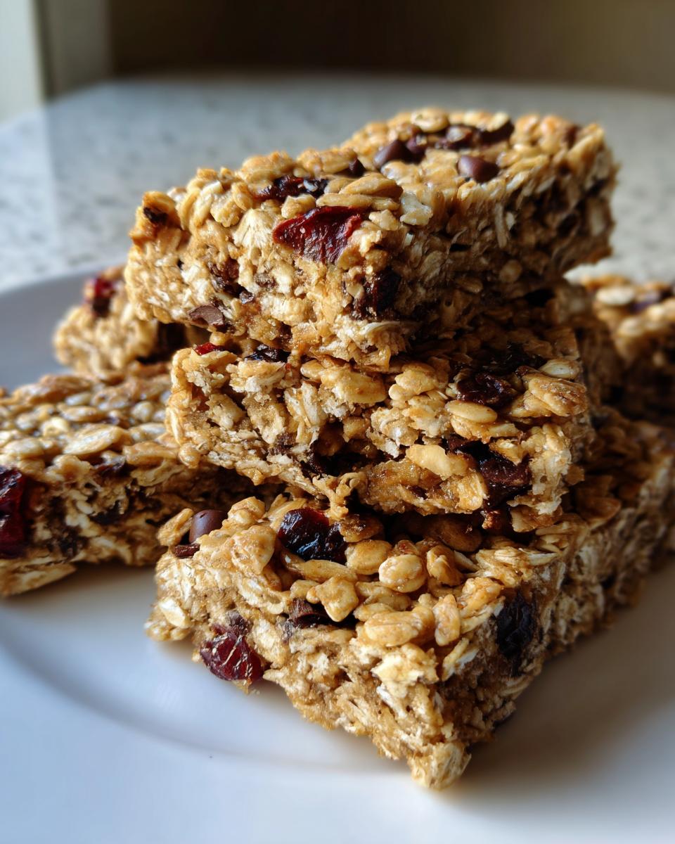 Close-up of a stack of thick, chewy no bake granola bars made with oats, dried cranberries, and chocolate chips.