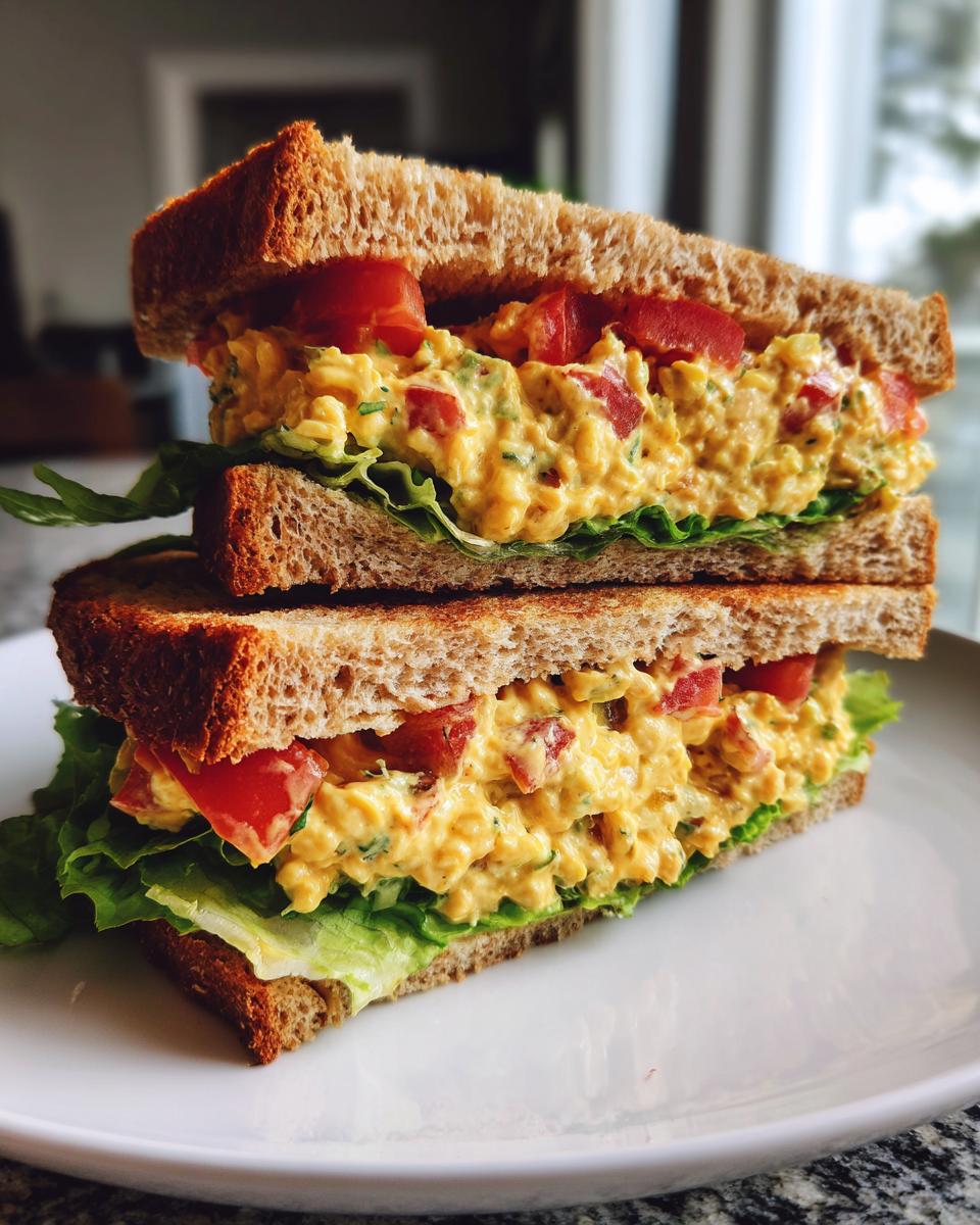 A perfectly stacked, halved chickpea salad sandwich on toasted whole wheat bread with lettuce and tomato.