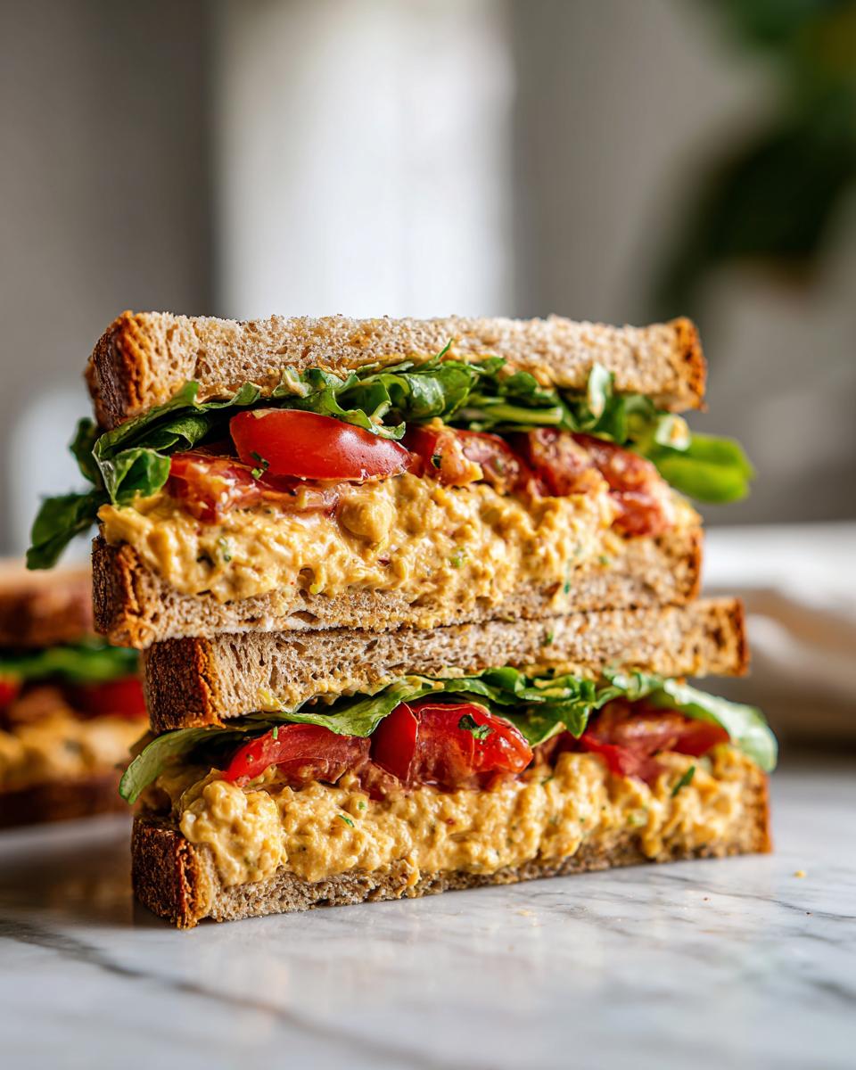 Two halves of a stacked chickpea salad sandwich on whole wheat bread with lettuce and tomatoes.