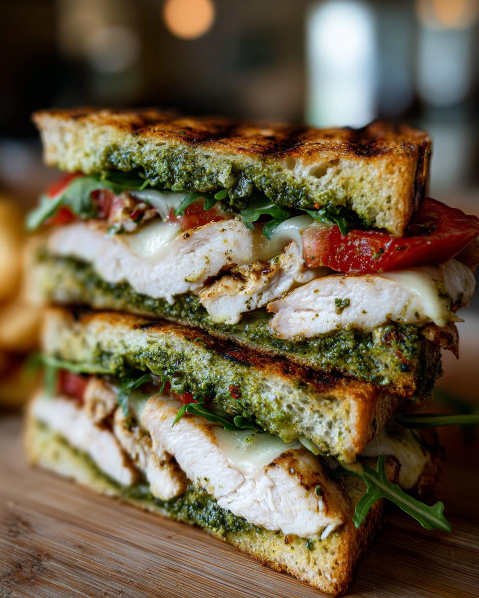 Close-up of a tall, stacked grilled chicken pesto sandwich featuring melted cheese, tomatoes, and arugula on toasted bread.