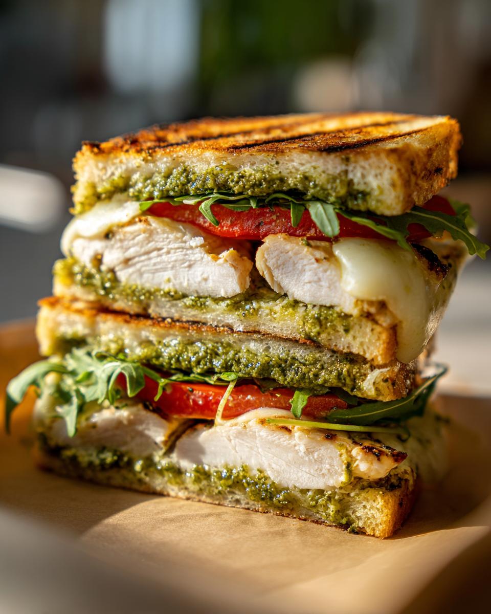 Close-up of a stacked grilled chicken pesto sandwich, showing layers of chicken, melted cheese, tomato, and arugula on toasted bread.