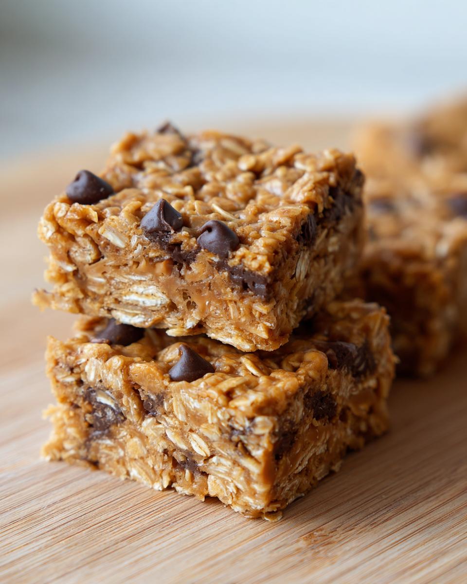 Two stacked, chewy oatmeal chocolate chip peanut butter bars topped with chocolate chips on a wooden surface.