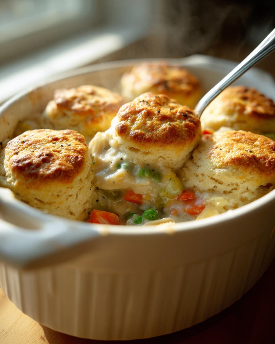 A spoonful lifts a golden biscuit from a steaming chicken pot pie casserole filled with creamy vegetables.