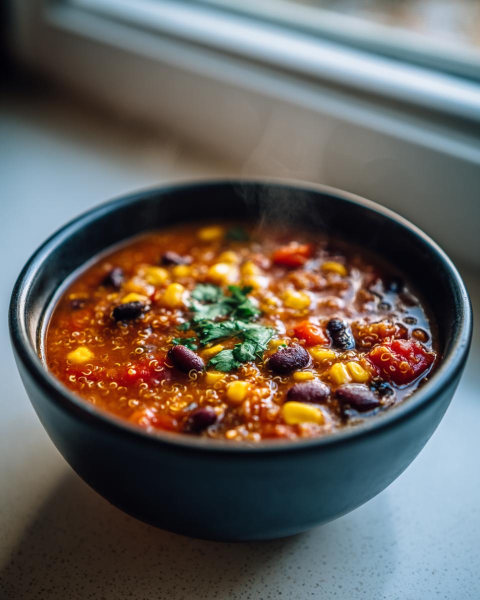 Close-up of a steaming dark bowl filled with vibrant Mexican quinoa soup, featuring kidney beans, corn, and cilantro garnish.