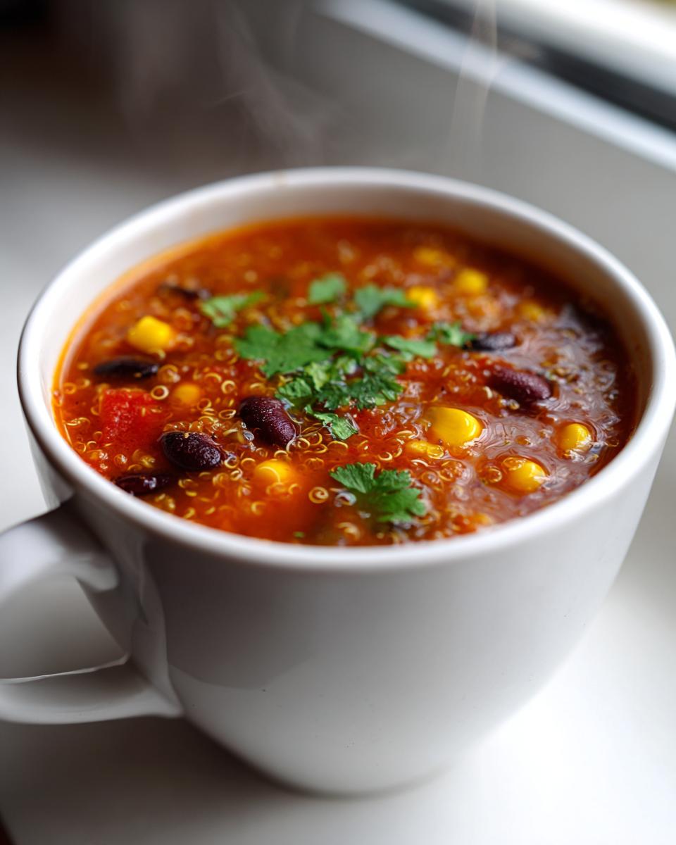 Close-up of steaming Mexican quinoa soup in a white mug, showing beans, corn, and cilantro garnish.