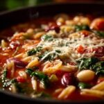 Close-up of a rich, hot bowl of minestrone soup featuring pasta, beans, spinach, and grated Parmesan cheese.