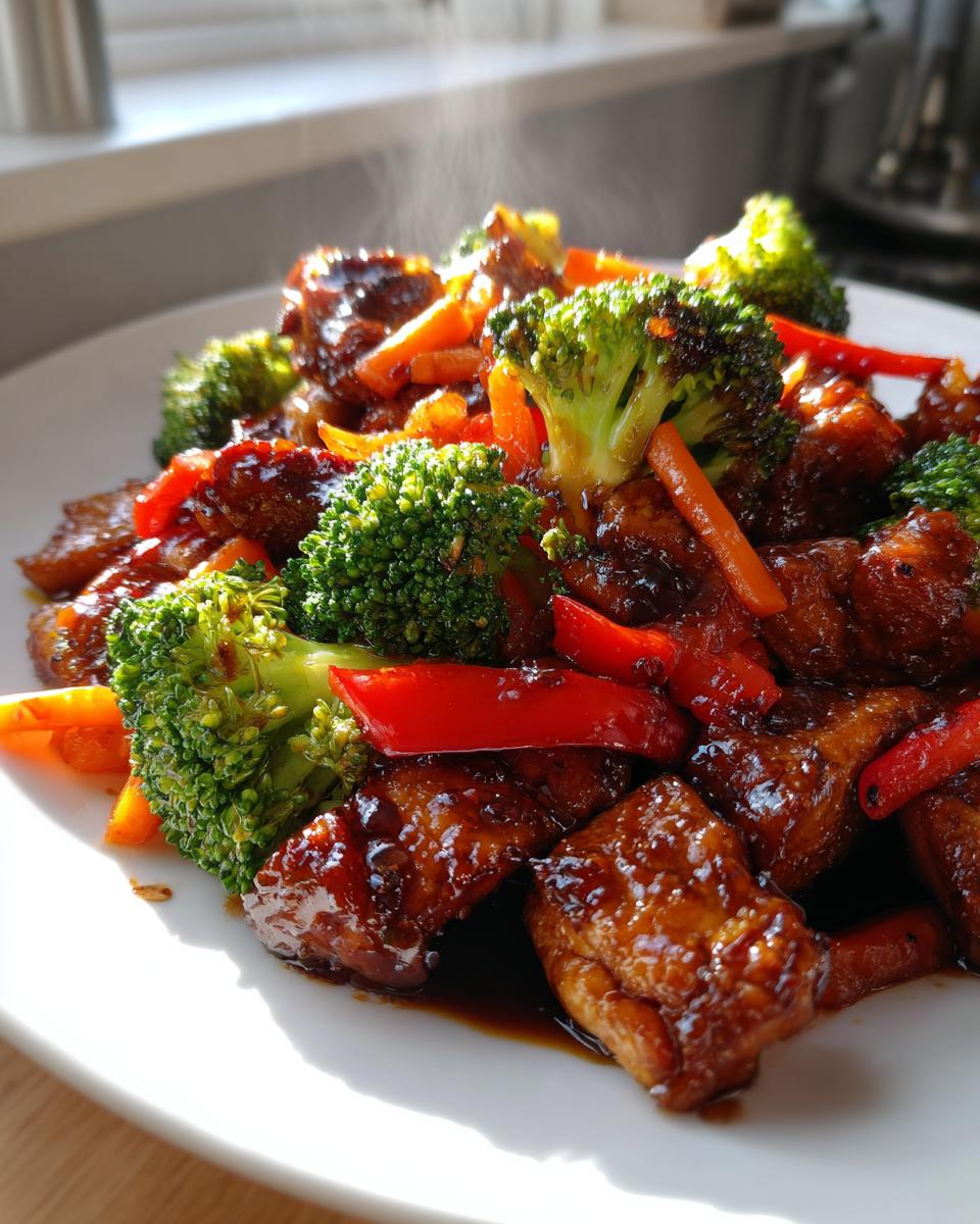 Close-up of hot, glossy teriyaki chicken stir fry mixed with bright green broccoli, red peppers, and carrots.