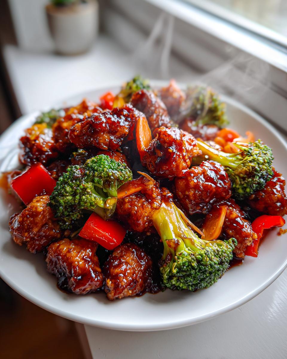 Close-up of hot, steaming teriyaki chicken stir fry mixed with bright green broccoli florets and red bell peppers.