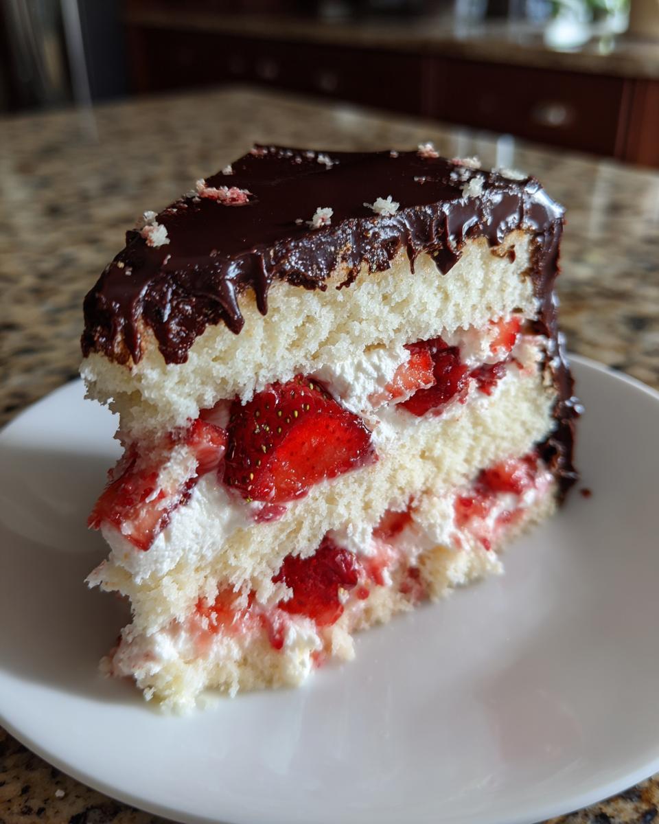 A decadent slice of strawberry chocolate shell cake featuring layers of white cake, whipped cream, and fresh strawberries, topped with dark chocolate ganache.