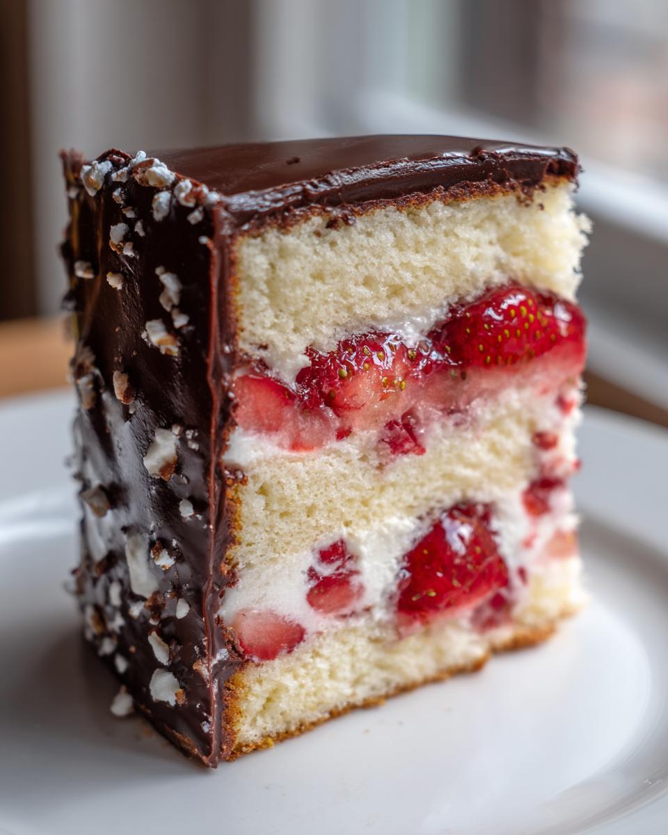 A close-up vertical slice of strawberry chocolate shell cake showing layers of vanilla sponge, cream, and fresh strawberries, covered in dark chocolate ganache.