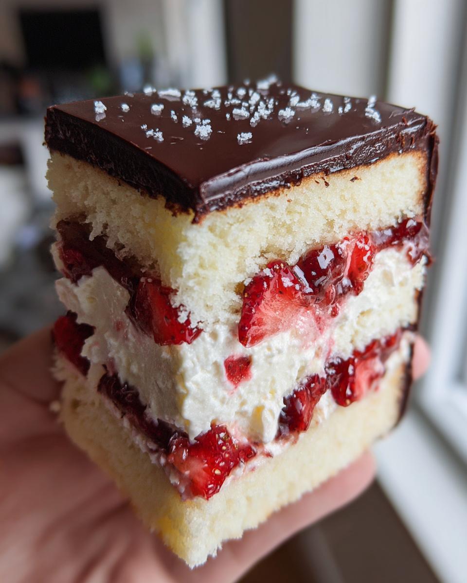 Close-up of a layered slice of strawberry chocolate shell cake held in hand, showing sponge, cream, strawberries, and chocolate ganache.