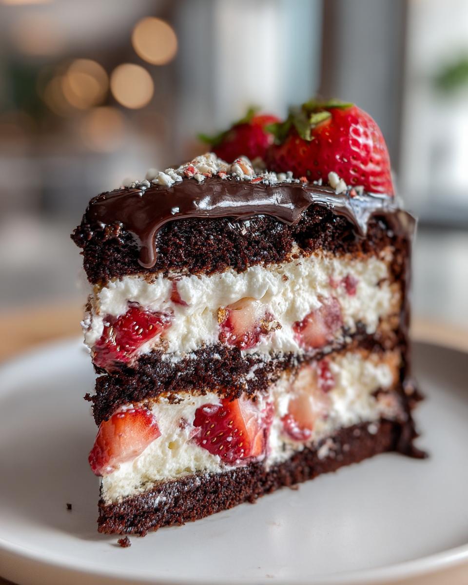 A decadent slice of strawberry chocolate shell cake showing dark chocolate layers, white cream filling, and fresh strawberries.