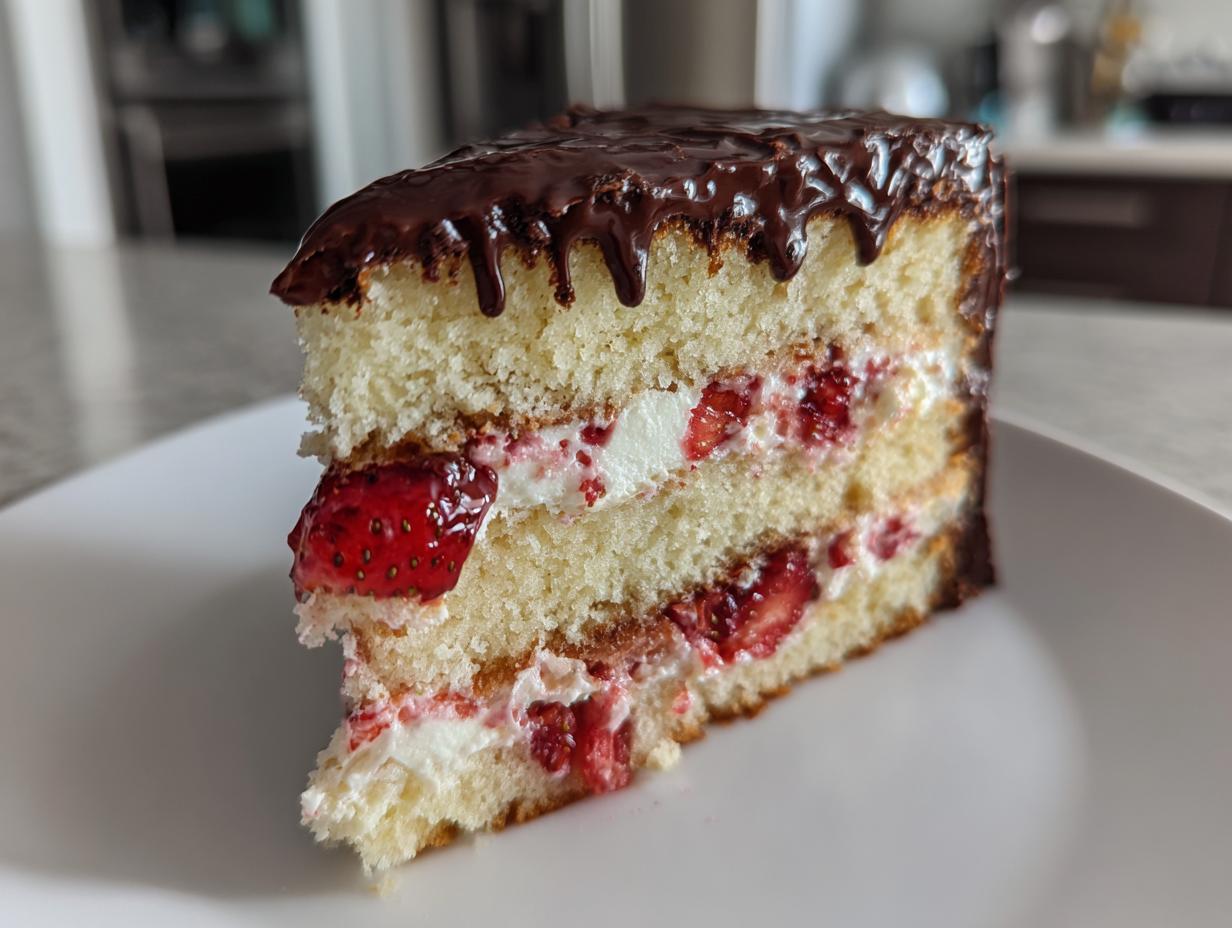 A generous slice of strawberry chocolate shell cake showing layers of sponge, cream, strawberries, and chocolate ganache topping.