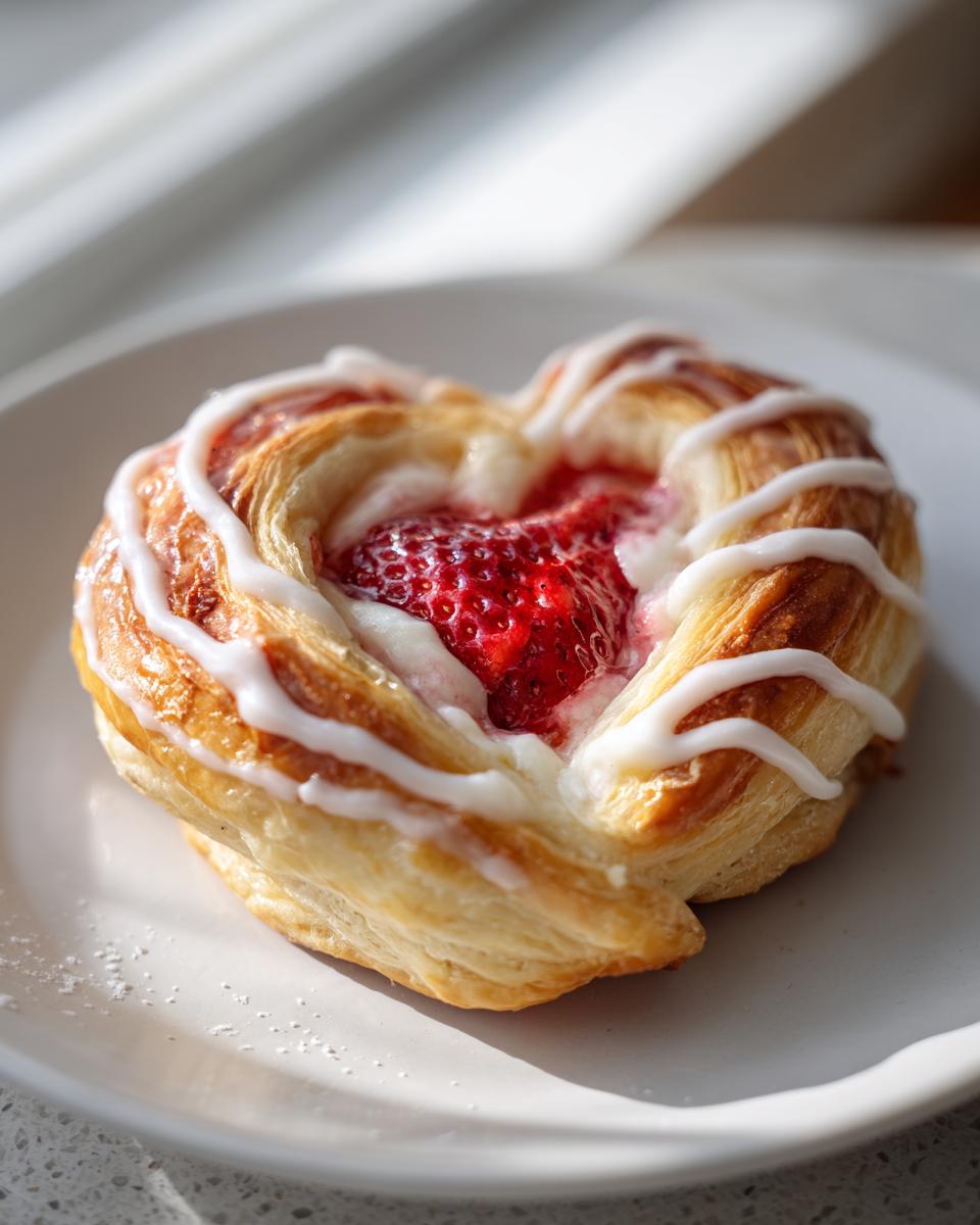 A close-up of a golden, heart-shaped strawberry cream cheese heart danishes drizzled with white icing.