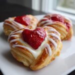 Three flaky strawberry cream cheese heart danishes topped with a heart-shaped strawberry and white icing drizzle.