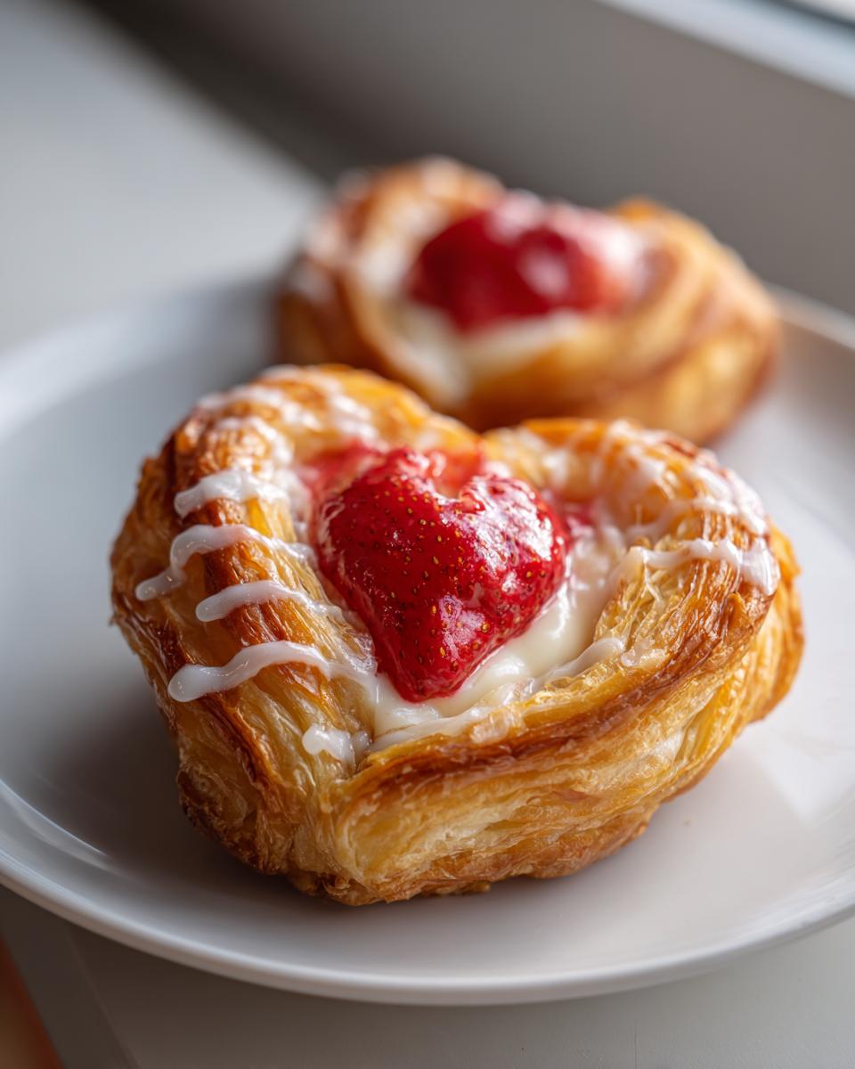 Close-up of a flaky, heart-shaped strawberry cream cheese heart danishes drizzled with white icing on a white plate.
