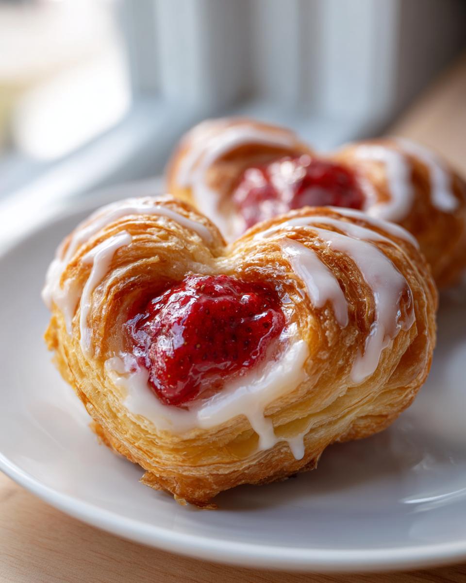 A close-up of a flaky, heart-shaped strawberry cream cheese heart danishes drizzled with white icing on a white plate.