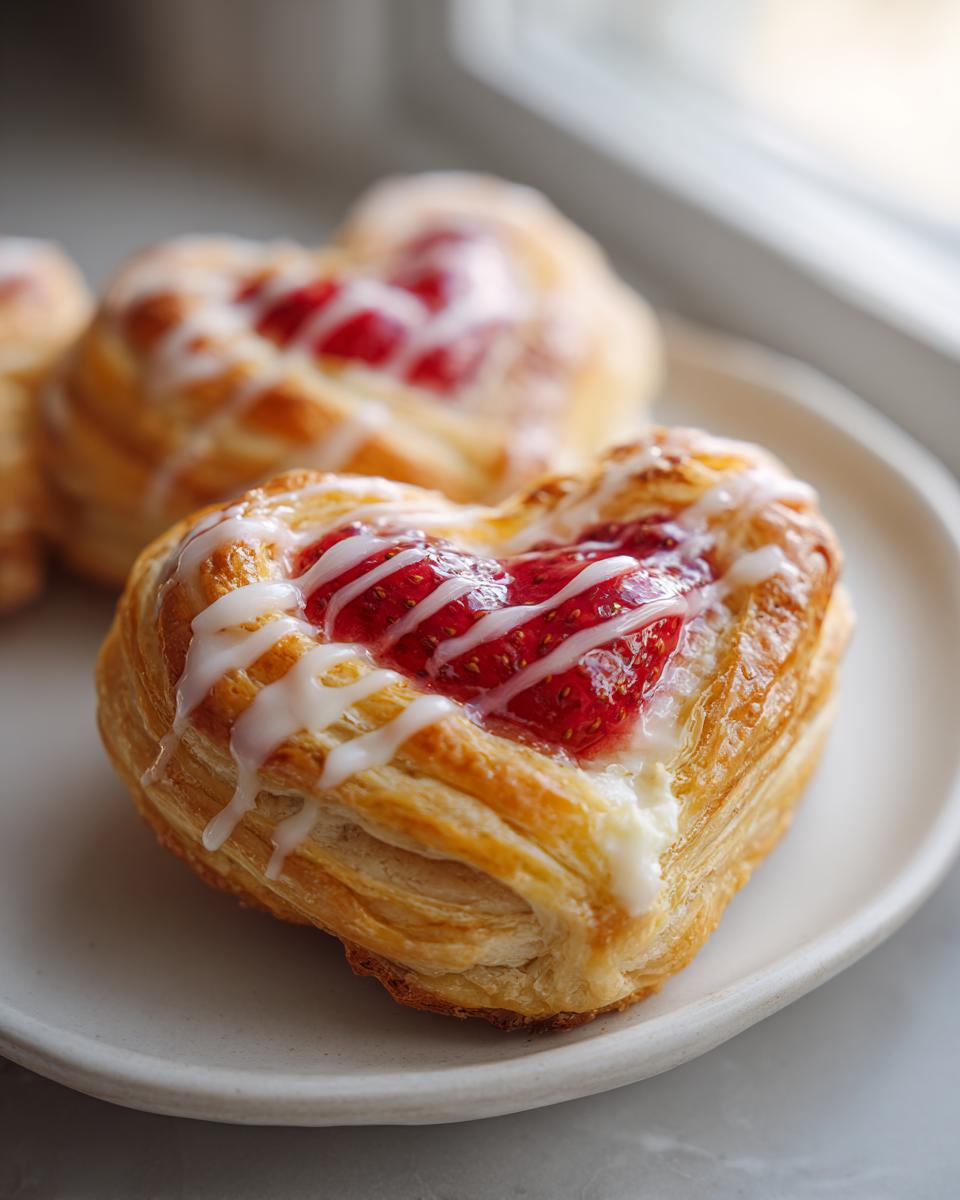 A close-up of a flaky, heart-shaped strawberry cream cheese heart danishes topped with strawberry filling and white icing drizzle.