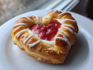 Close-up of a golden-brown strawberry cream cheese heart danish drizzled with white icing, resting on a white plate.