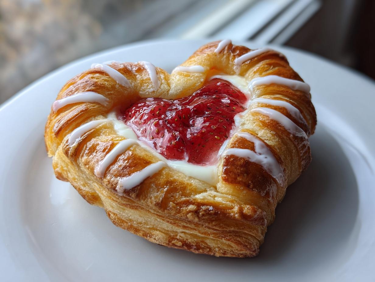 Close-up of a golden-brown strawberry cream cheese heart danish drizzled with white icing, resting on a white plate.