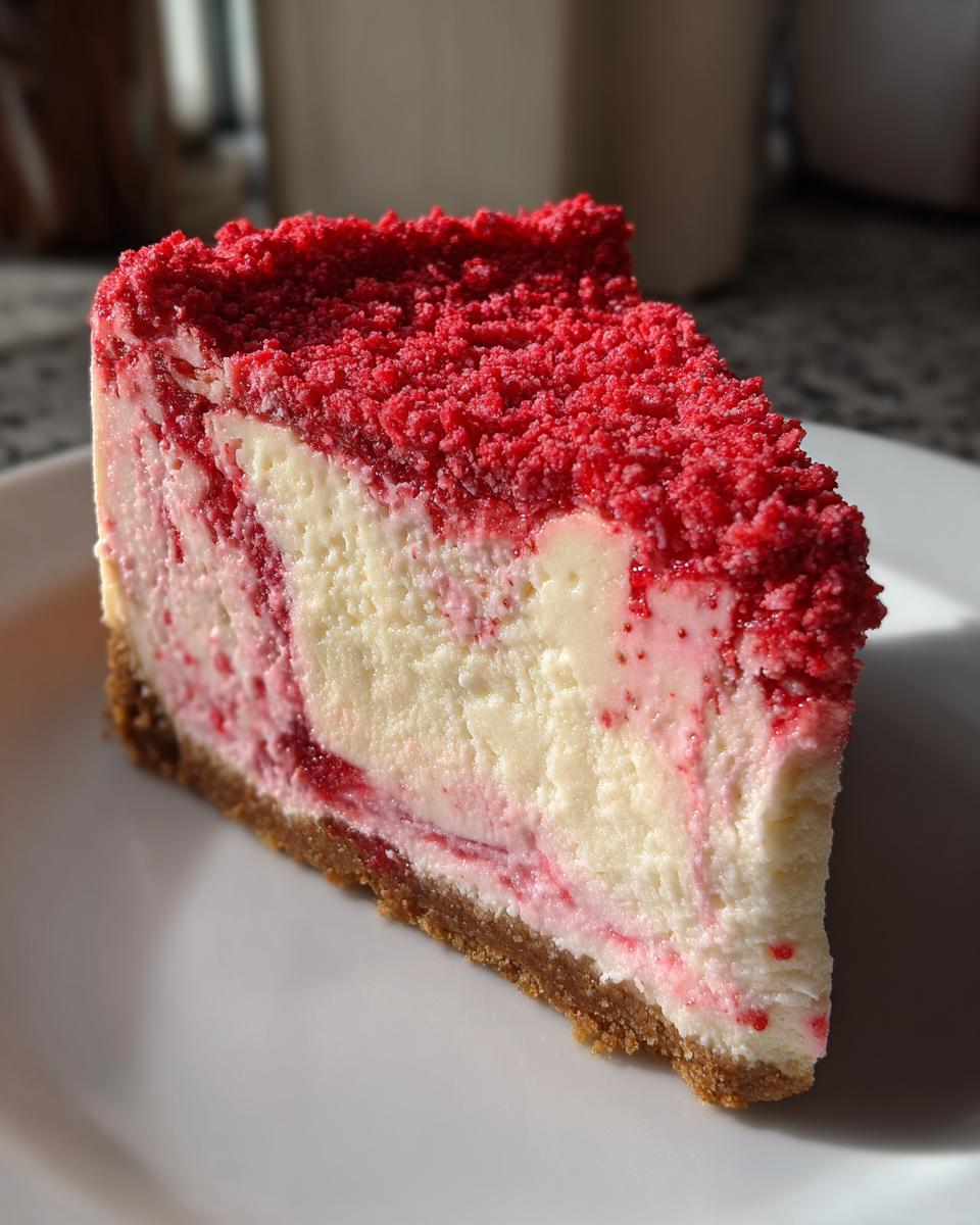 A close-up slice of strawberry crunch cheesecake featuring a graham cracker crust, creamy filling with strawberry swirls, and a bright red crunchy topping.