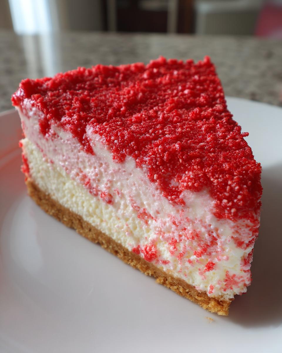 A close-up of a perfect slice of strawberry crunch cheesecake on a white plate, showing the graham cracker crust and bright red topping.