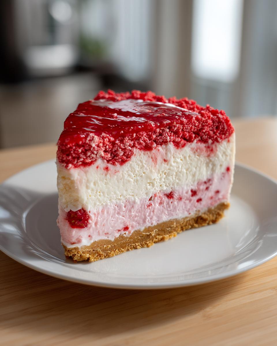 A perfect slice of strawberry crunch cheesecake showing graham cracker crust, pink and white layers, and red topping.