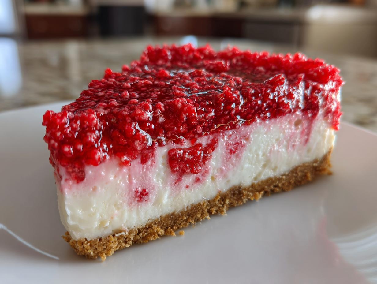 Close-up of a perfect slice of strawberry crunch cheesecake showing the graham cracker crust, creamy filling, and bright red crunchy topping.