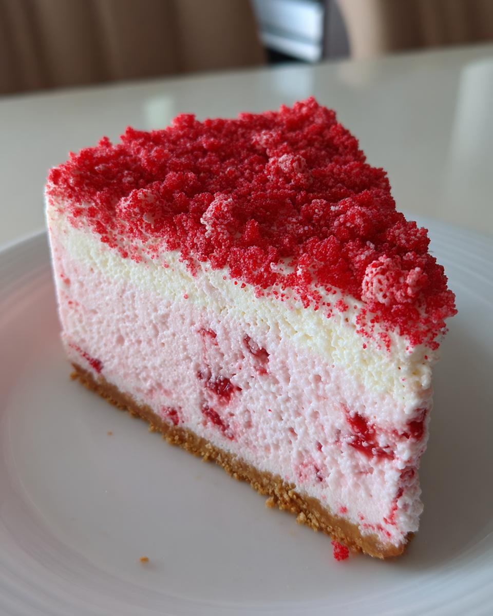 A close-up slice of strawberry crunch cheesecake featuring a graham cracker crust, pink filling with strawberry pieces, and bright red crunch topping.