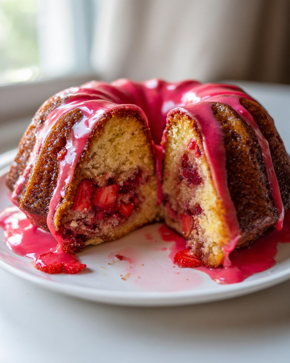 A strawberry honeybun cake cut in half, revealing a strawberry filling and topped with a bright pink glaze dripping onto a white plate.