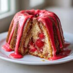A slice cut from a strawberry honeybun cake, revealing whole strawberries inside and topped with a thick, bright pink glaze.