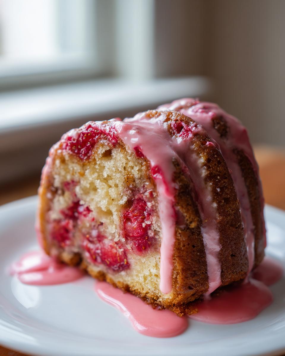 A close-up of a slice of strawberry honeybun cake, featuring visible strawberries and topped with thick pink glaze.