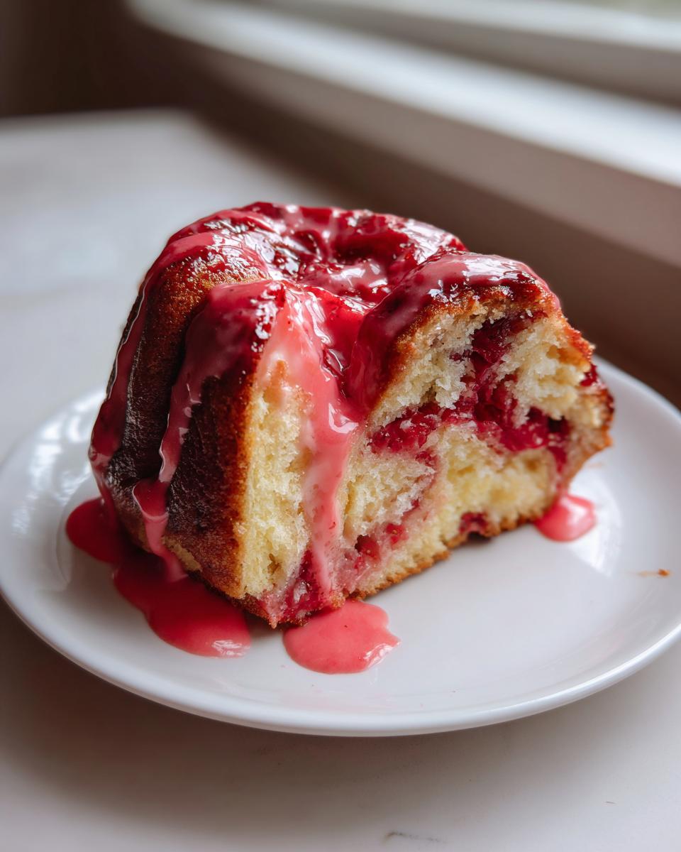 A close-up of a slice of moist strawberry honeybun cake topped with a thick, dripping pink strawberry glaze.