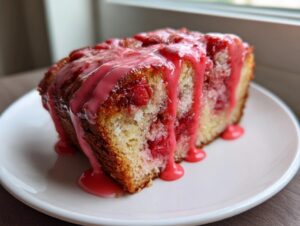 A moist slice of strawberry honeybun cake topped with a vibrant pink strawberry glaze dripping down the sides.