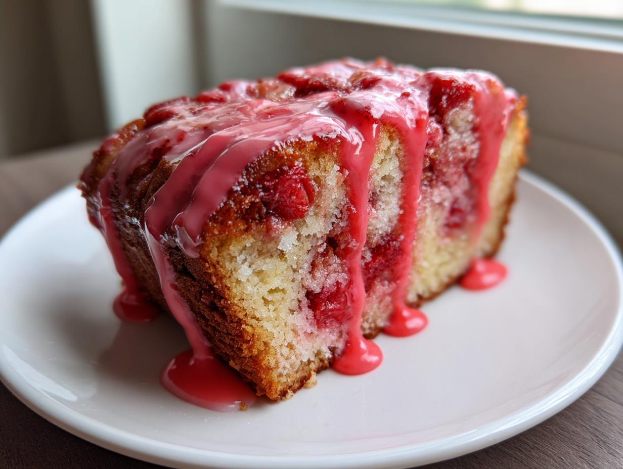 A moist slice of strawberry honeybun cake topped with a vibrant pink strawberry glaze dripping down the sides.