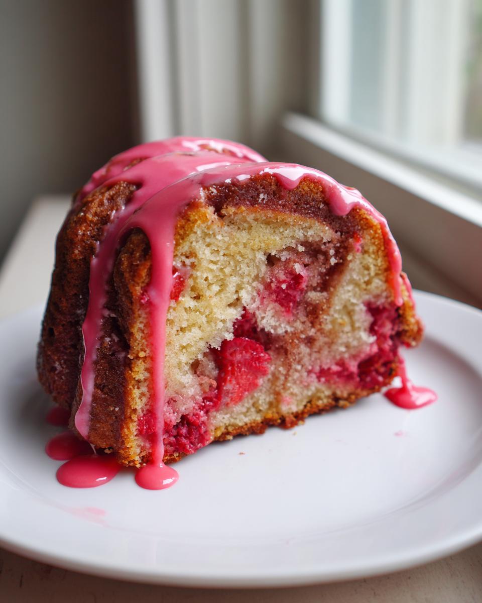 A close-up of a slice of strawberry honeybun cake featuring visible strawberries and dripping pink glaze on a white plate.