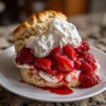 A close-up of a homemade strawberry shortcake featuring a fluffy biscuit, macerated strawberries, and whipped cream.