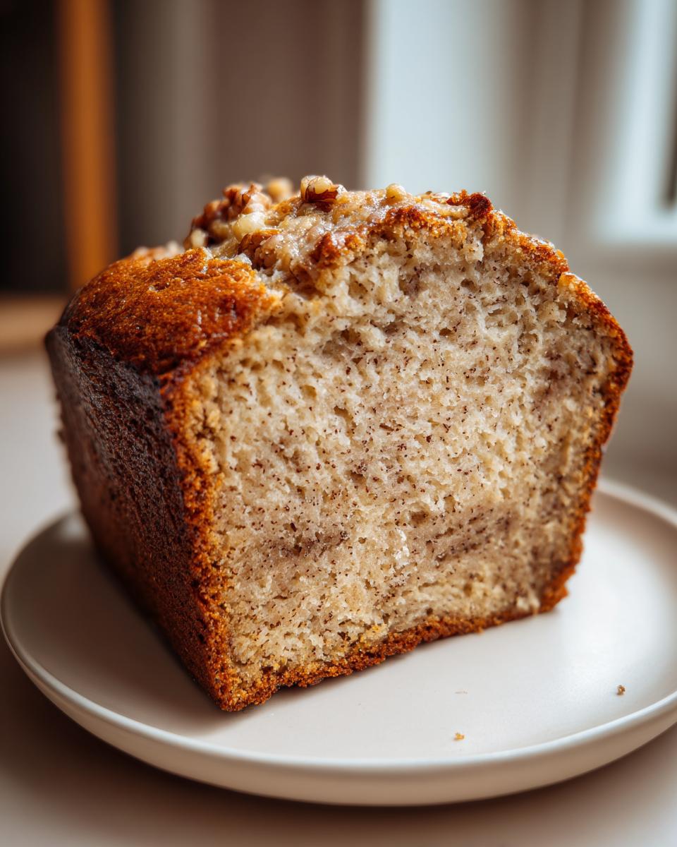 A thick slice of moist sugar free banana bread, showing the crumb texture and walnut topping, served on a white plate.