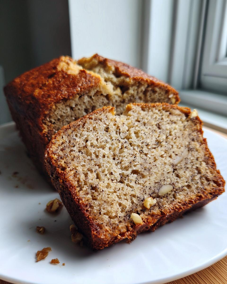 Close-up of a slice of moist sugar free banana bread, showing the texture and visible walnuts, with the loaf behind it.