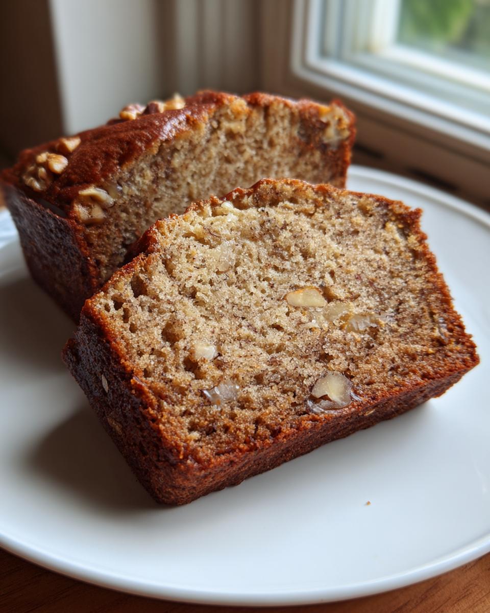 Close-up of two slices of moist sugar free banana bread topped with walnuts on a white plate.