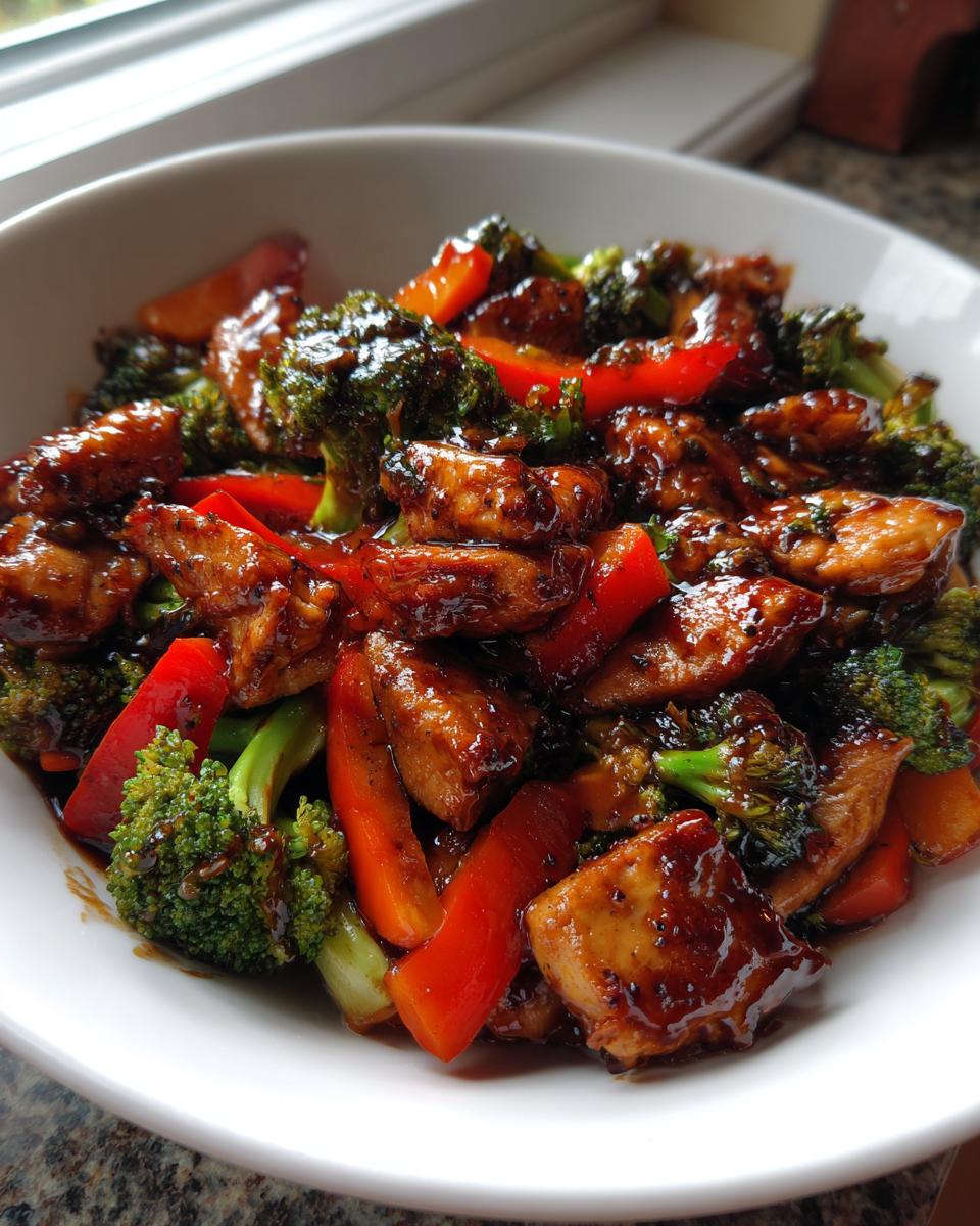 Close-up of a white bowl filled with glossy teriyaki chicken stir fry, featuring chicken pieces, bright green broccoli, and red bell peppers.