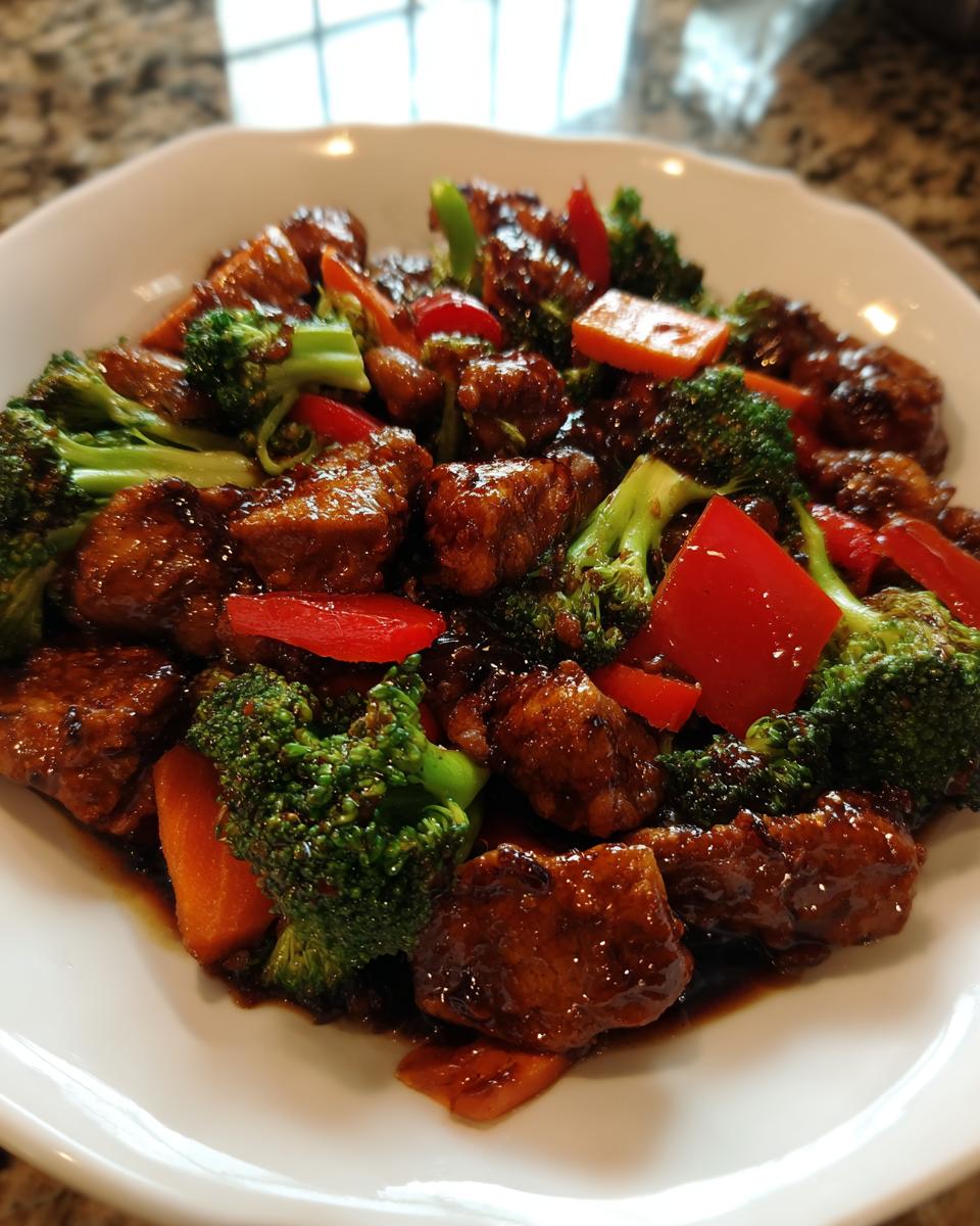 Close-up of glossy teriyaki chicken stir fry mixed with bright green broccoli florets and red bell peppers in a white bowl.