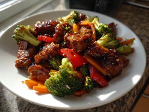 Close-up of a plate featuring glossy teriyaki chicken stir fry mixed with bright green broccoli florets and red bell peppers.