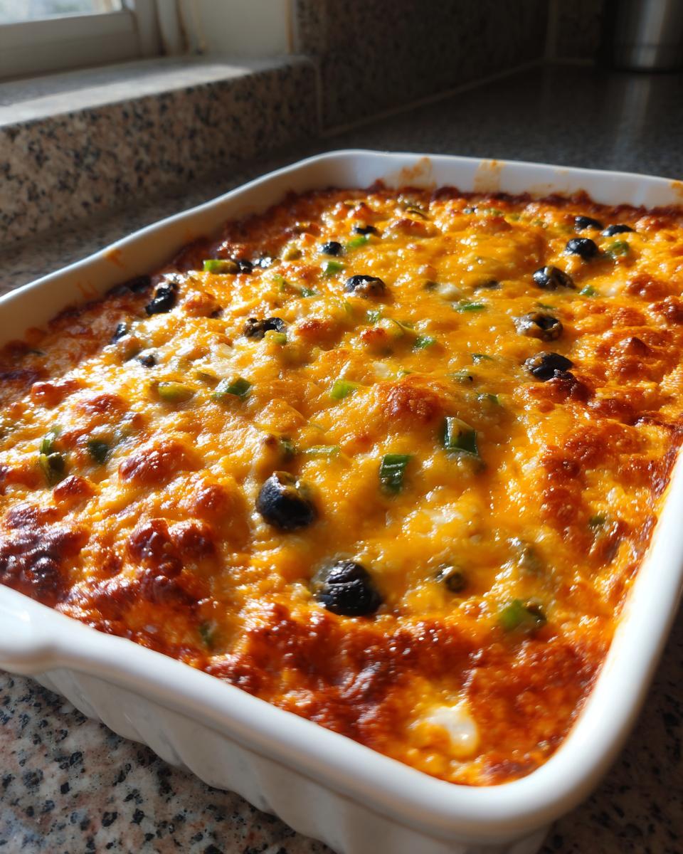 A close-up of hot, bubbly texas trash dip topped with melted cheddar cheese, black olives, and green onions in a white baking dish.