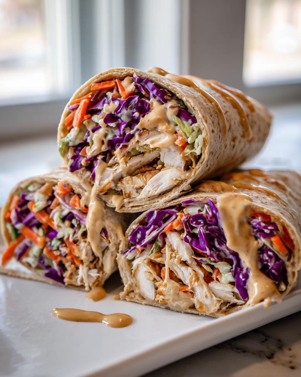 Three halves of a thai peanut chicken wrap stacked, showing chicken, purple cabbage, carrots, and peanut sauce drizzle.