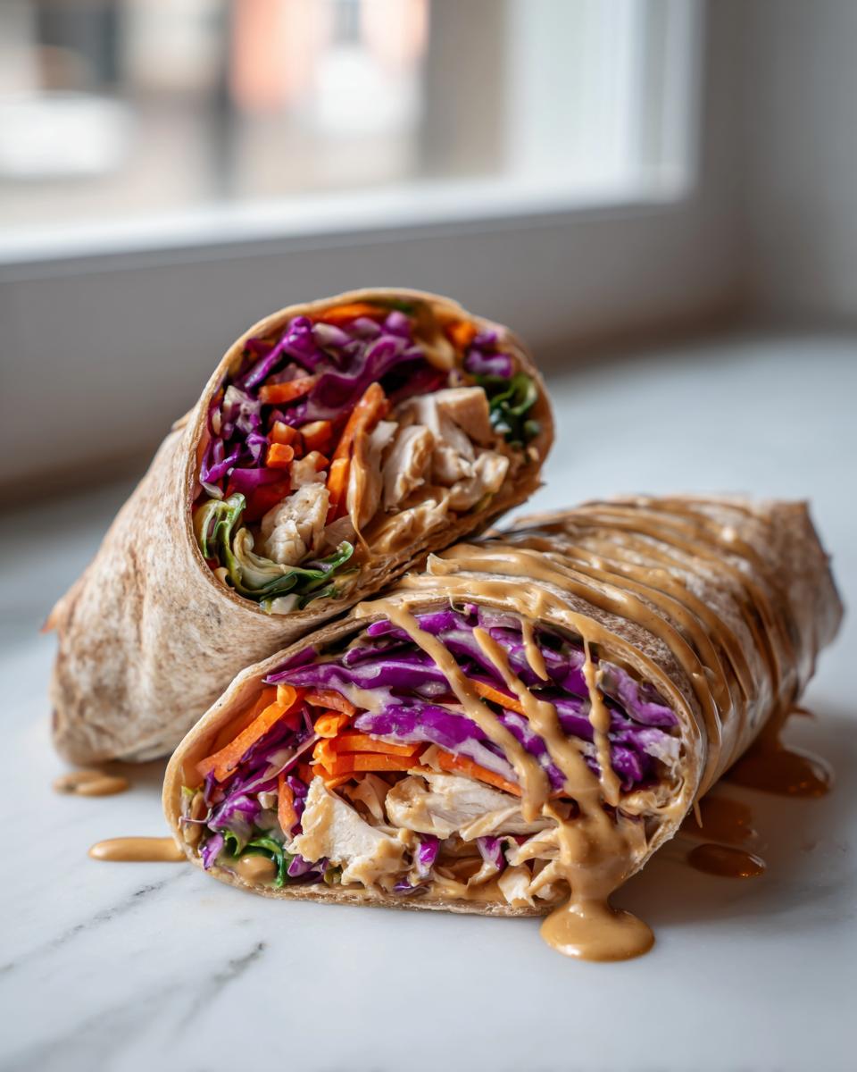 Close-up of a thai peanut chicken wrap cut in half, showing chicken, purple cabbage, carrots, and peanut sauce drizzle.
