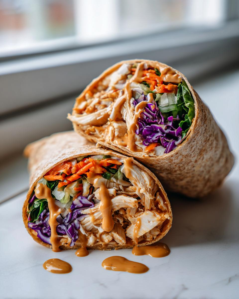 A halved thai peanut chicken wrap showing shredded chicken, purple cabbage, carrots, lettuce, and peanut sauce drizzled over the filling.